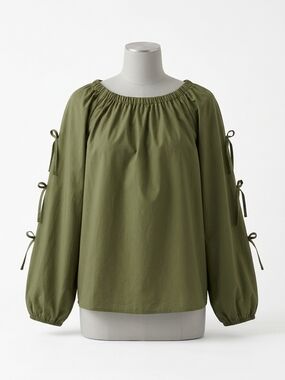 Relaxed Olive Green Peasant Blouse with Sleeve Tie Details